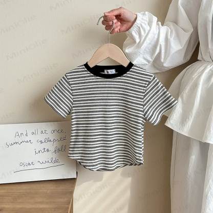 Toddler Girl Striped Crew Neck T-Shirt - Black - 8-9T - image 2