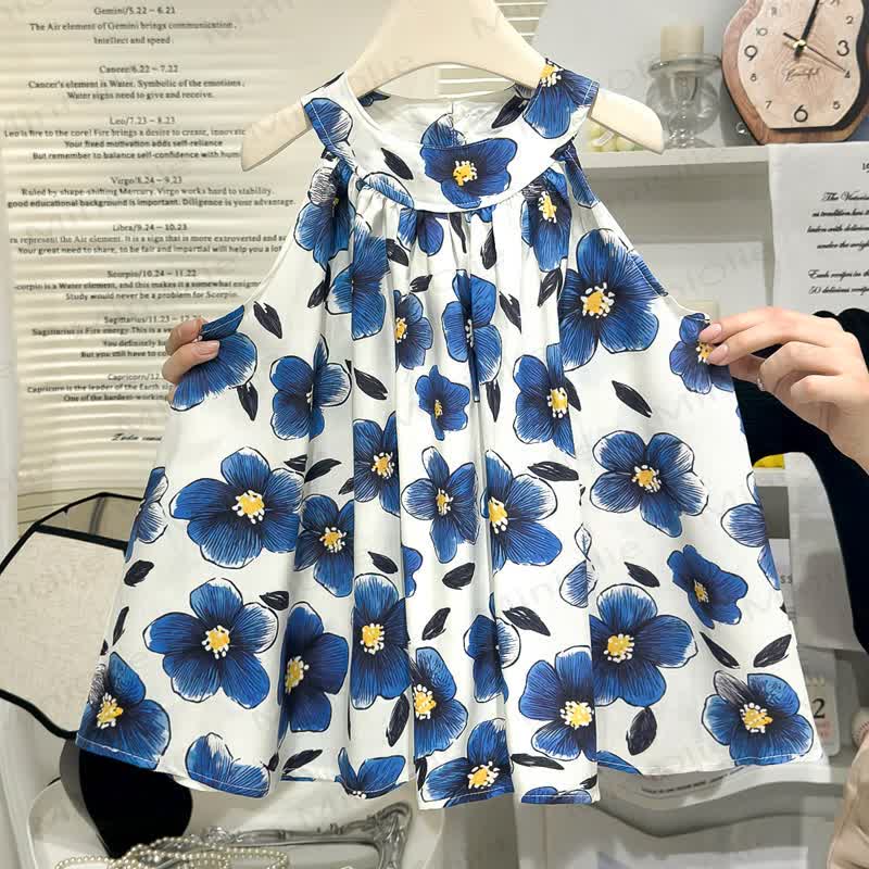 Toddler Girl Artistic Print/Floral Sleeveless Dress - Blue Flower - 6-7T - image 4