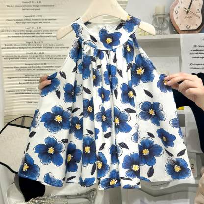 Toddler Girl Artistic Print/Floral Sleeveless Dress - Blue Flower - 6-7T - image 4