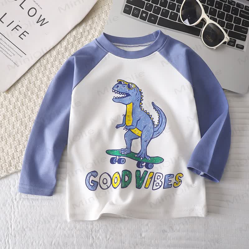 Toddler Baby Cartoon Print Raglan/Striped Cotton T-Shirt - Blue Dinosaur - 6-7T - image 9