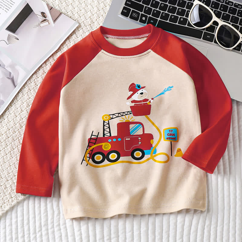 Toddler Baby Cartoon Print Raglan/Striped Cotton T-Shirt - Red Fire Truck - 6-7T - image 14