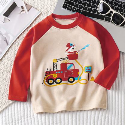 Toddler Baby Cartoon Print Raglan/Striped Cotton T-Shirt - Red Fire Truck - 6-7T - image 14