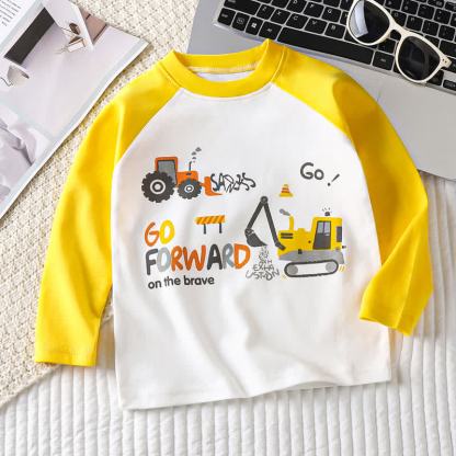 Toddler Baby Cartoon Print Raglan/Striped Cotton T-Shirt - Yellow Excavator - 6-7T - image 16