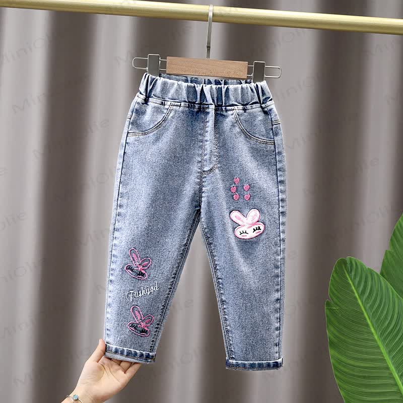 Baby Girls Embroidered Denim Jogger Pants - Blue Bunny - 4-5T - image 5