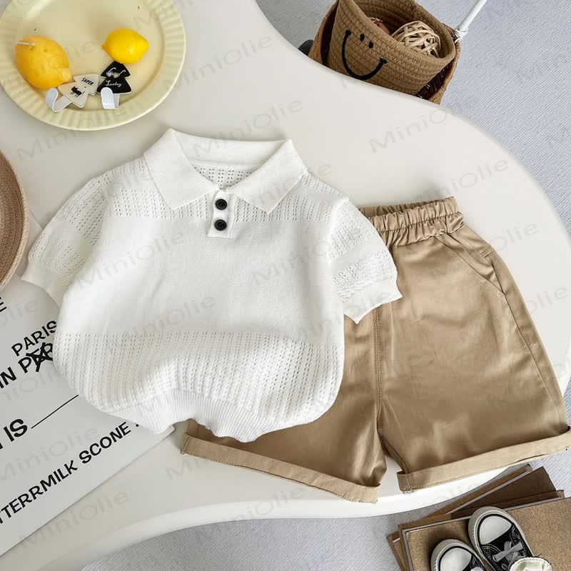 Toddler Boys Cooling Knit Polo Shirt and Pants 2-Piece Set - White Shirt and Shorts Set - 4-5T - image 3