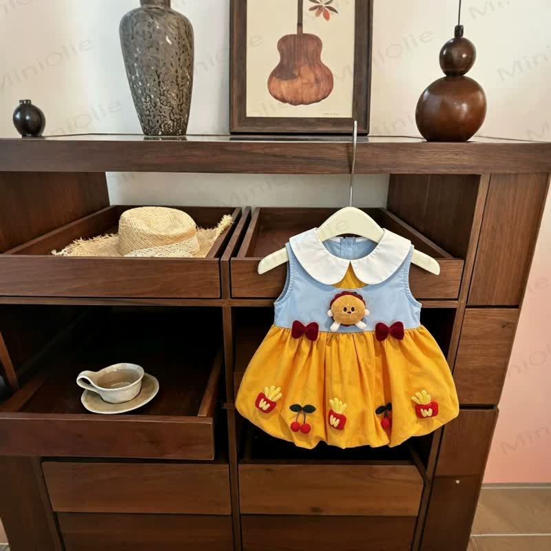 Baby Toddler Girl Hamburger Applique Colorblock Sleeveless Dress - Yellow - 36-42M - image 1