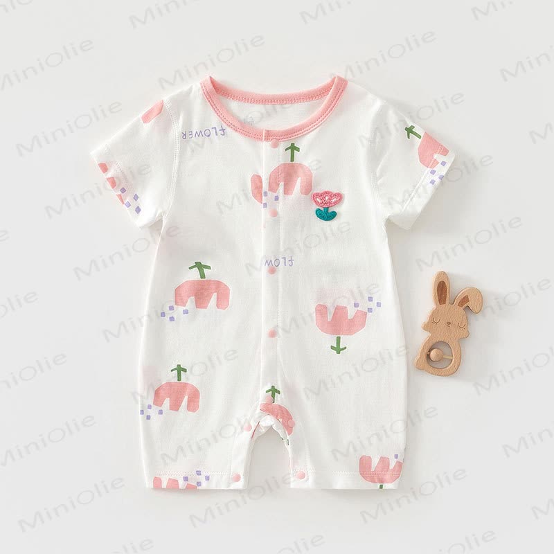 Baby Cartoon Print Pure Cotton Romper - Pink Tulip - 18-24M - image 2