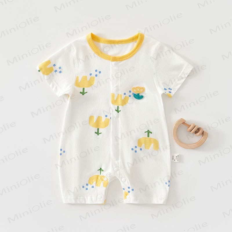Baby Cartoon Print Pure Cotton Romper - Yellow Tulip - 18-24M - image 1