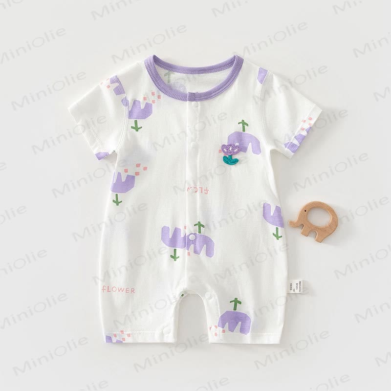 Baby Cartoon Print Pure Cotton Romper - Purple Tulip - 18-24M - image 3