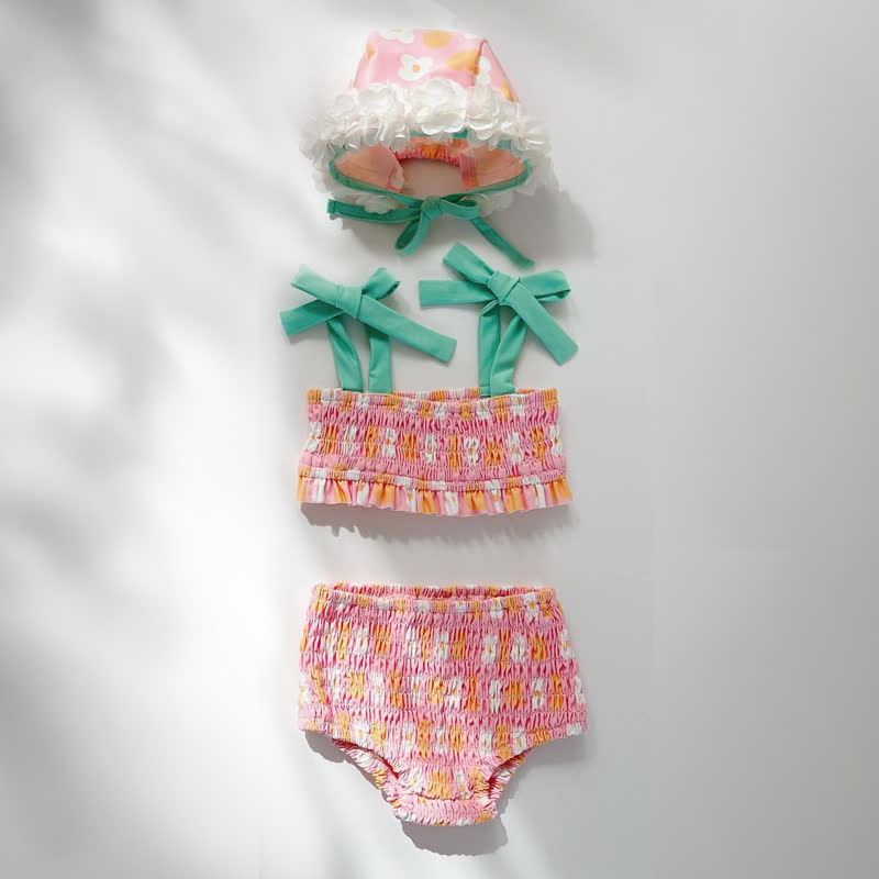 Baby Girls Floral Print One-piece or Smocked Two-piece Swimsuit with Swim Cap - Pink Two-piece - 2-3T - image 3