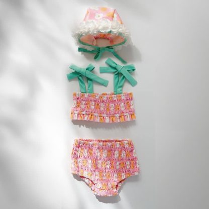 Baby Girls Floral Print One-piece or Smocked Two-piece Swimsuit with Swim Cap - Pink Two-piece - 2-3T - image 3