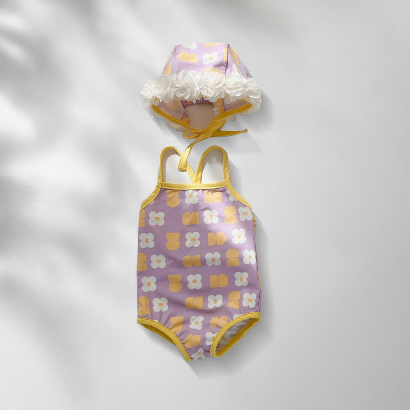 Baby Girls Floral Print One-piece or Smocked Two-piece Swimsuit with Swim Cap - Purple One-piece - 2-3T - image 4