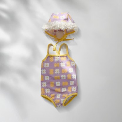 Baby Girls Floral Print One-piece or Smocked Two-piece Swimsuit with Swim Cap - Purple One-piece - 2-3T - image 4