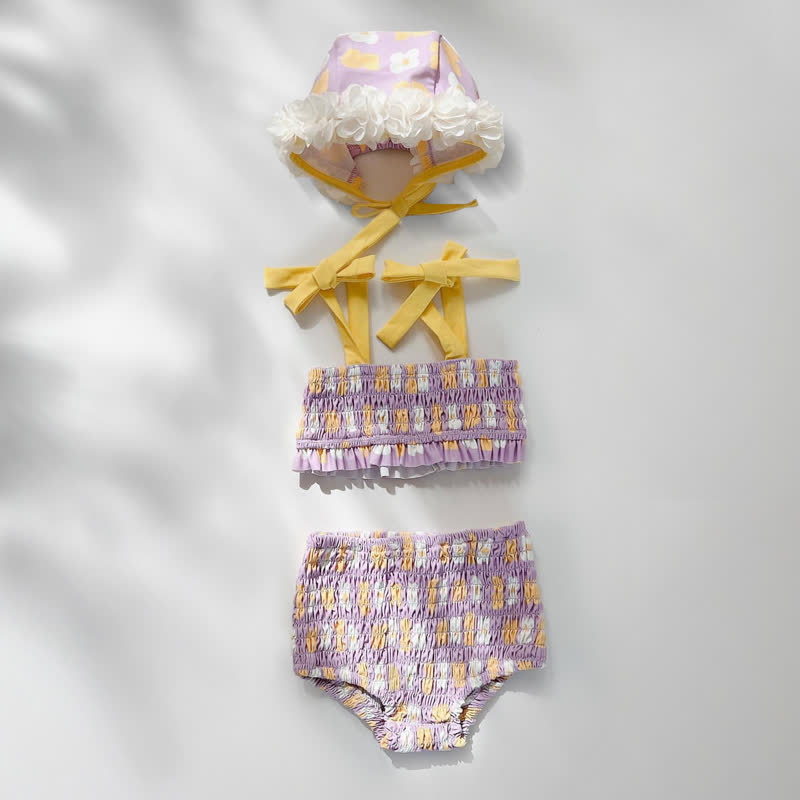 Baby Girls Floral Print One-piece or Smocked Two-piece Swimsuit with Swim Cap - Purple Two-piece - 2-3T - image 5