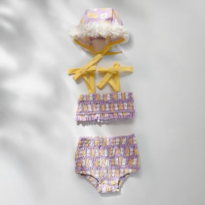 Baby Girls Floral Print One-piece or Smocked Two-piece Swimsuit with Swim Cap - Purple Two-piece - 2-3T - image 5