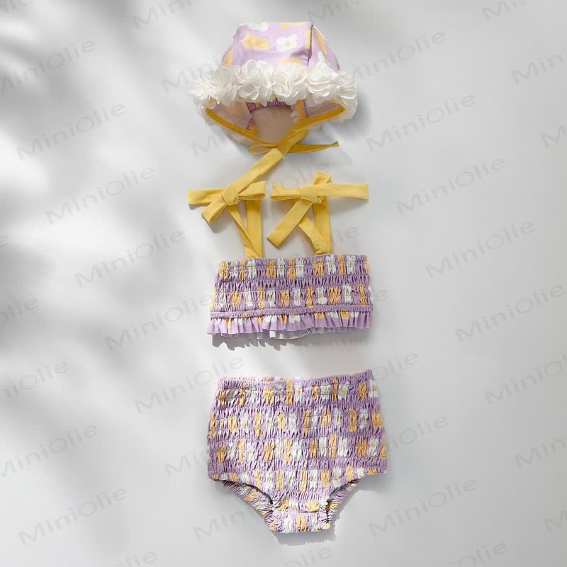 Baby Girls Floral Print One-piece or Smocked Two-piece Swimsuit with Swim Cap - Purple Two-piece - 2-3T - image 5
