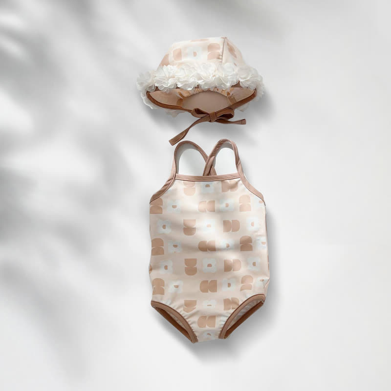 Baby Girls Floral Print One-piece or Smocked Two-piece Swimsuit with Swim Cap - Beige One-piece - 2-3T - image 6