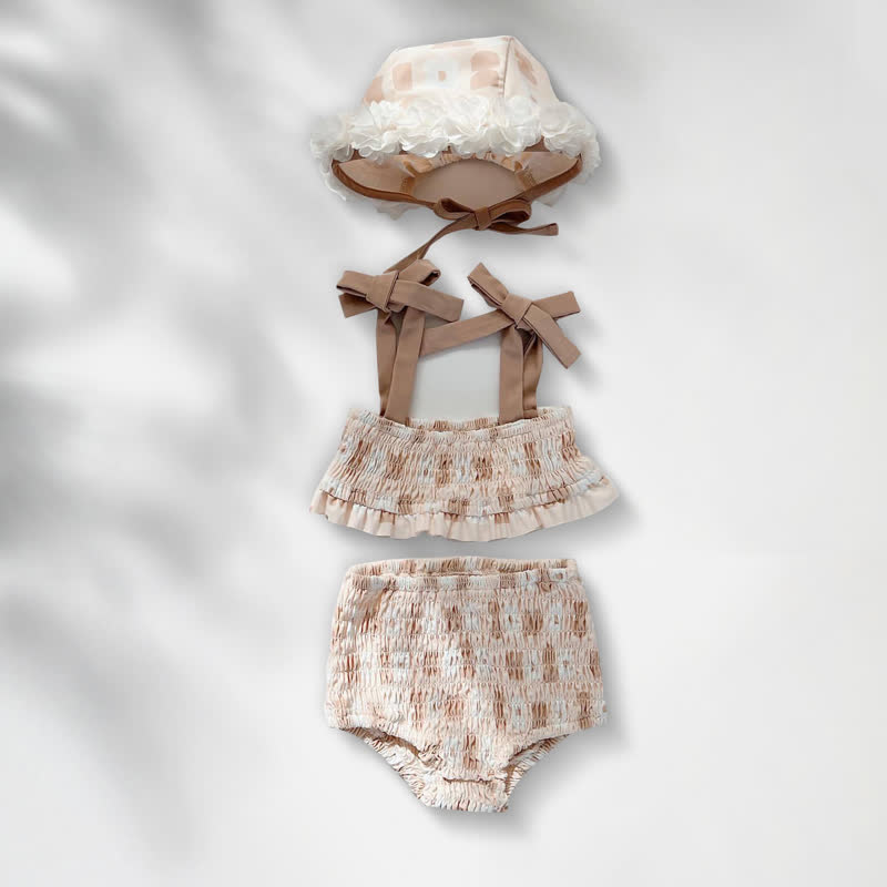 Baby Girls Floral Print One-piece or Smocked Two-piece Swimsuit with Swim Cap - Beige Two-piece - 2-3T - image 7
