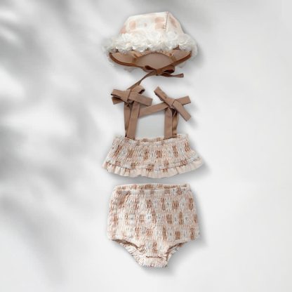 Baby Girls Floral Print One-piece or Smocked Two-piece Swimsuit with Swim Cap - Beige Two-piece - 2-3T - image 7