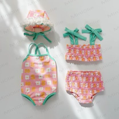 Baby Girls Floral Print One-piece or Smocked Two-piece Swimsuit with Swim Cap - image 1