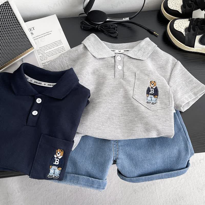 Toddler Boys Bear Pocket Polo Shirt and Denim Shorts 2-Piece Set - image 1