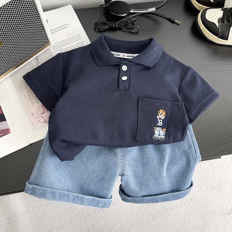 Toddler Boys Bear Pocket Polo Shirt and Denim Shorts 2-Piece Set - Navy - 4-5T - image 2