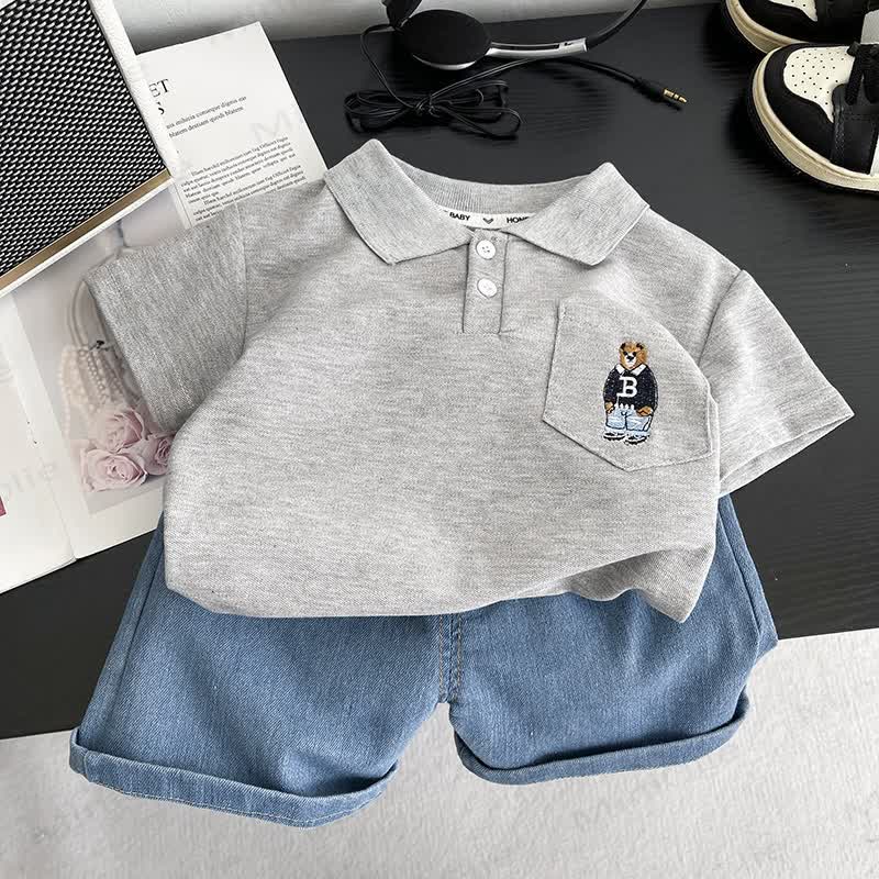 Toddler Boys Bear Pocket Polo Shirt and Denim Shorts 2-Piece Set - Grey - 4-5T - image 3