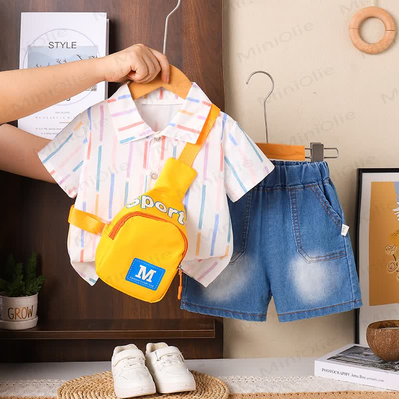 Toddler White Shirt and Denim Shorts 2-Piece Set with Lion Print Bag - White Stripe - 4-5T - image 3