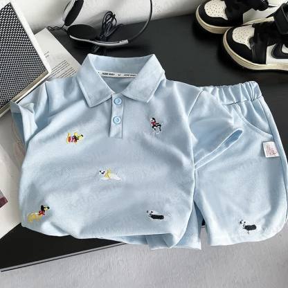 Toddler Boys Dog Embroidered Polo Shirt and Shorts 2-Piece Set - Blue - 4-5T - image 1