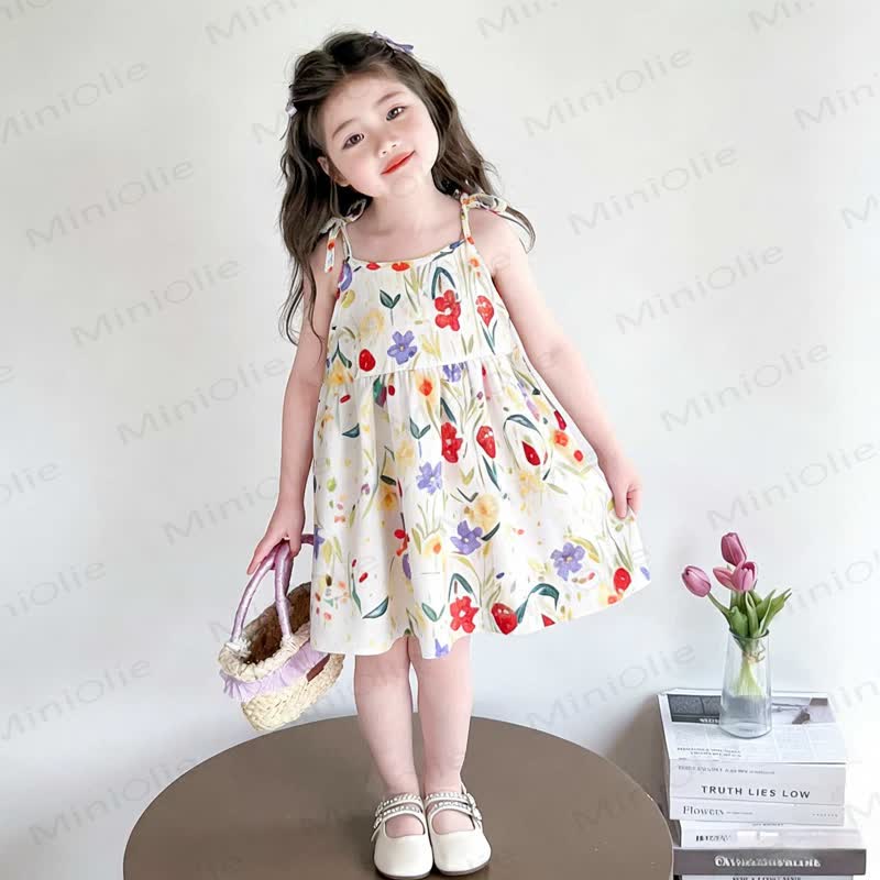 Toddler Girl Full Print Tie Strap Dress - Yellow Floral - 10-11T - image 2