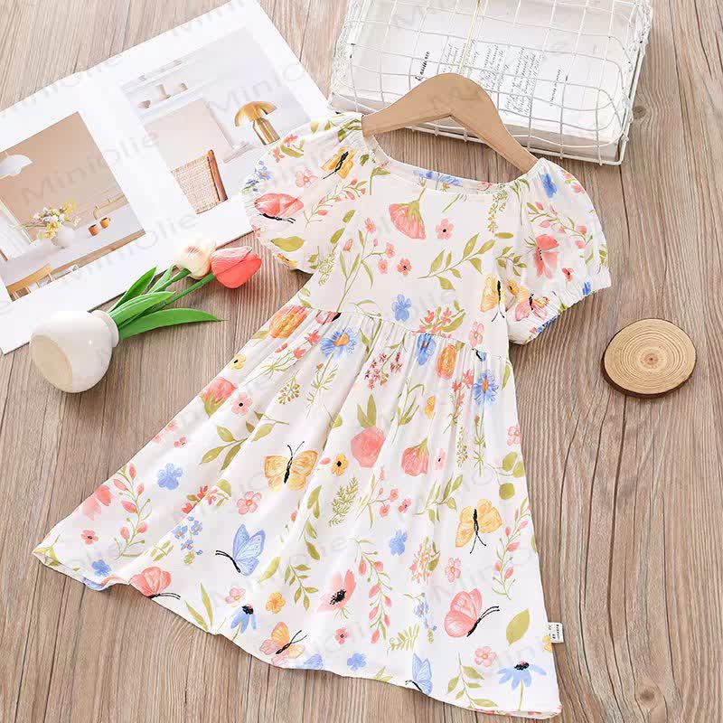 Toddler Girl Full Print Short Sleeve Dress - White Butterfly - 10-11T - image 6