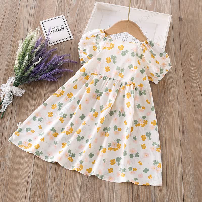 Toddler Girl Full Print Short Sleeve Dress - Beige Flowers - 10-11T - image 20