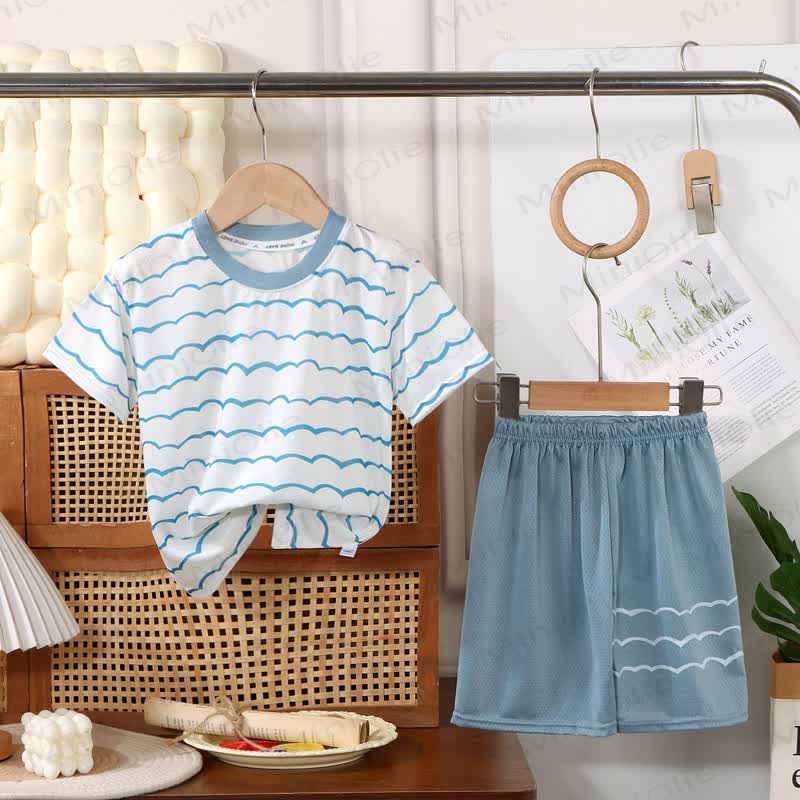 Toddler Kid Striped Print Tee and Shorts 2 Piece Set - Blue - 10-11T - image 6