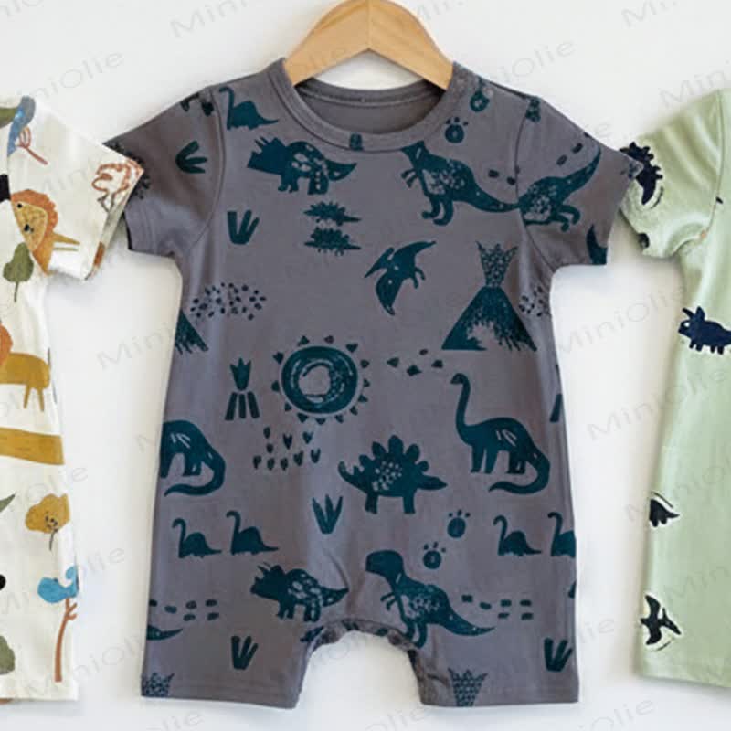 Baby Cotton Dinosaur Print Short Sleeve Romper - Grey - 18-24M - image 3