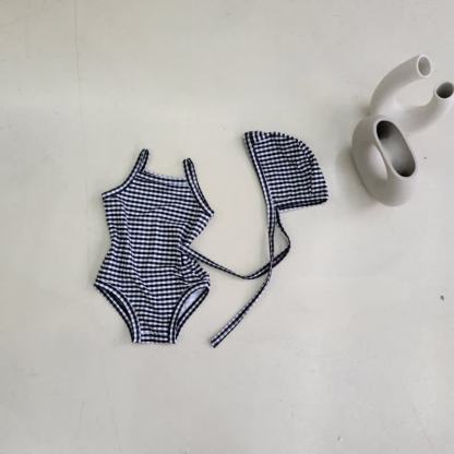 Baby Girls Plaid or Dot One Piece Swimwear with Swim Cap - Black Plaid - 2-3T - image 2
