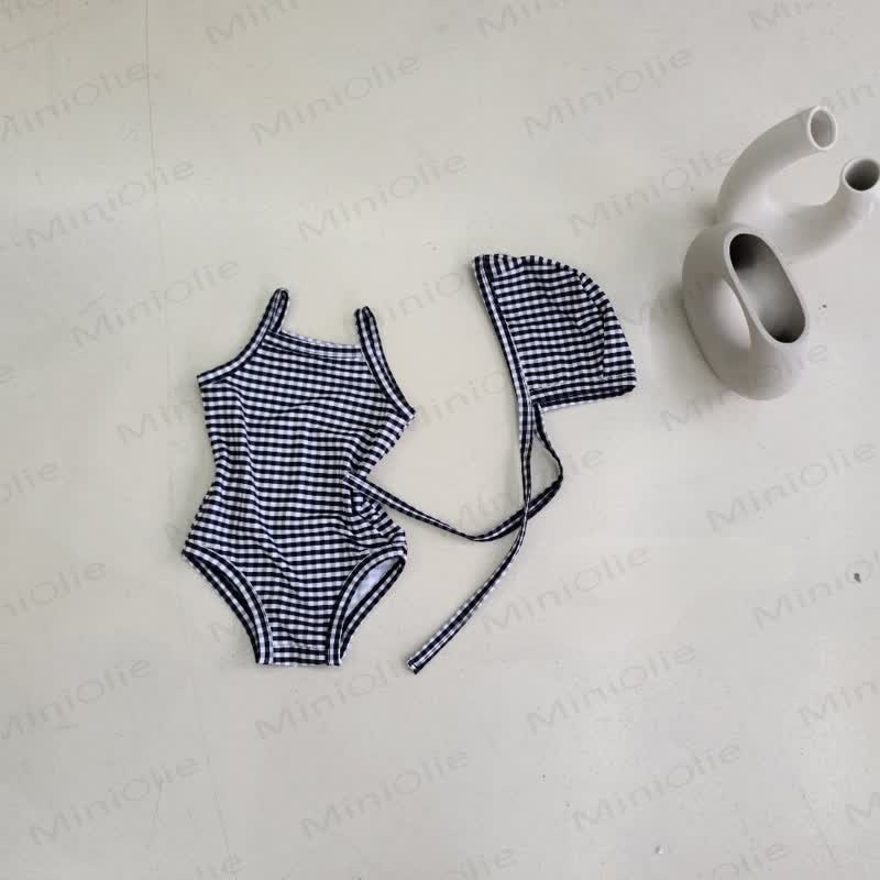 Baby Girls Plaid or Dot One Piece Swimwear with Swim Cap - Black Plaid - 2-3T - image 2