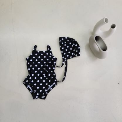Baby Girls Plaid or Dot One Piece Swimwear with Swim Cap - Black Dot - 2-3T - image 4