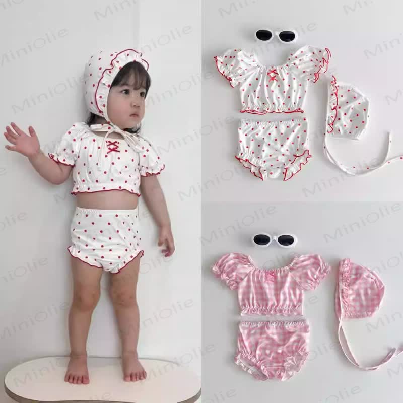 Baby Girls Polka Dot Ruffle 2-piece Swimwear Set with Swim Cap - image 1