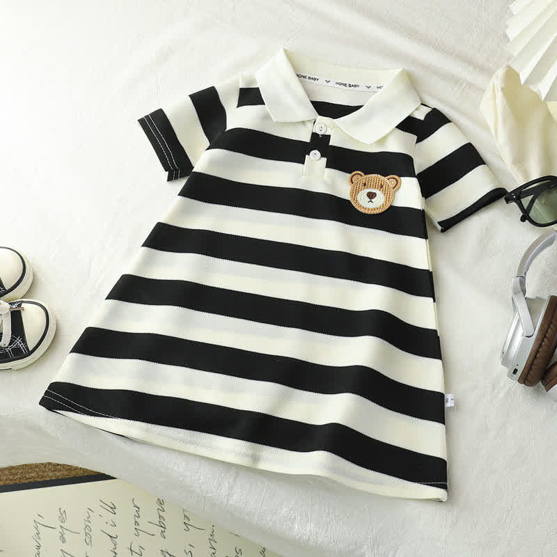 Toddler Girl Animal/Slogan Striped Polo Dress - White Bear - 10-11T - image 2