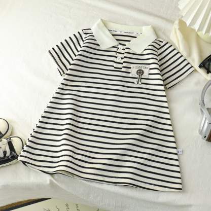 Toddler Girl Animal/Slogan Striped Polo Dress - White Slogan - 10-11T - image 3