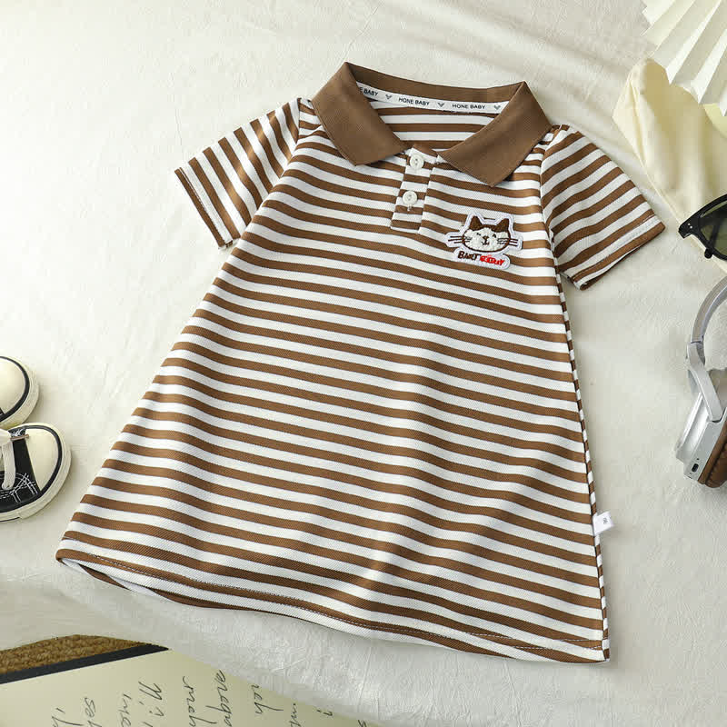 Toddler Girl Animal/Slogan Striped Polo Dress - Brown Cat - 10-11T - image 4