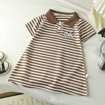 Toddler Girl Animal/Slogan Striped Polo Dress - Brown Cat - 10-11T - image 4