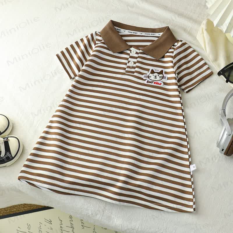 Toddler Girl Animal/Slogan Striped Polo Dress - Brown Cat - 10-11T - image 4