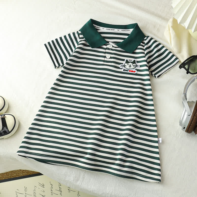 Toddler Girl Animal/Slogan Striped Polo Dress - Green Cat - 10-11T - image 5