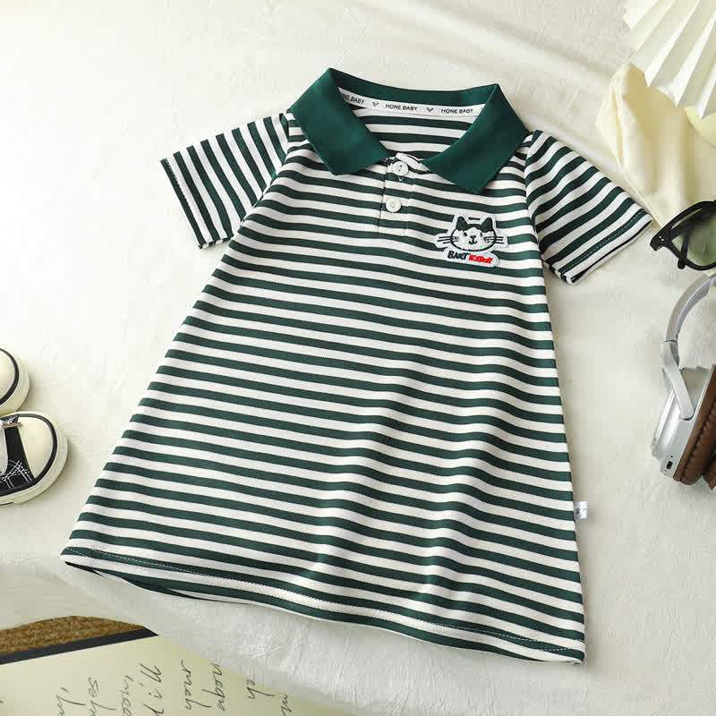 Toddler Girl Animal/Slogan Striped Polo Dress - Green Cat - 10-11T - image 5