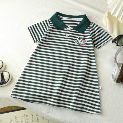 Toddler Girl Animal/Slogan Striped Polo Dress - Green Cat - 10-11T - image 5