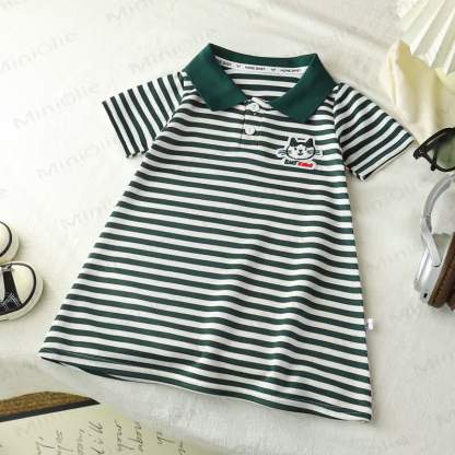 Toddler Girl Animal/Slogan Striped Polo Dress - Green Cat - 10-11T - image 5