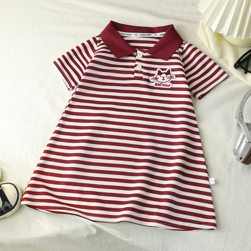Toddler Girl Animal/Slogan Striped Polo Dress - Red Cat - 10-11T - image 6