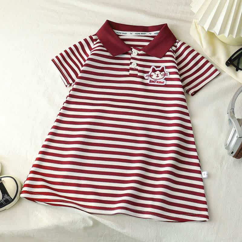 Toddler Girl Animal/Slogan Striped Polo Dress - Red Cat - 10-11T - image 6