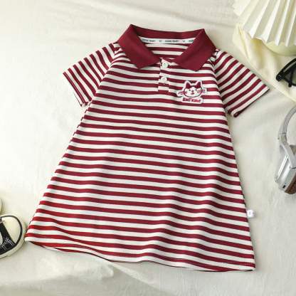 Toddler Girl Animal/Slogan Striped Polo Dress - Red Cat - 10-11T - image 6